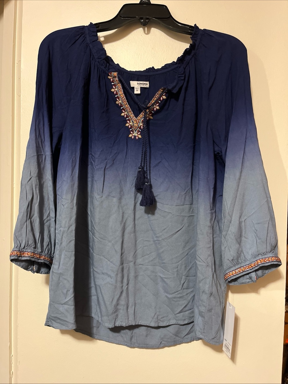 Sonoma Navy to Light Blue Dip Dye Ombre Embroidered Peasant Blouse